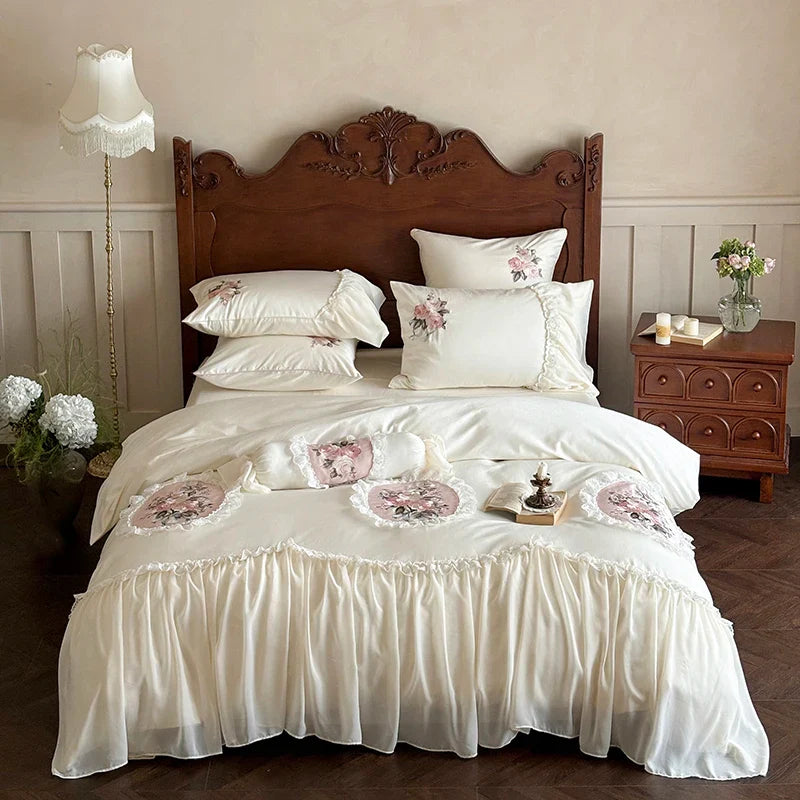 Afralia™ Pink Flowers Lace Ruffles Wedding Bedding Set 1000TC Egyptian Cotton Décor