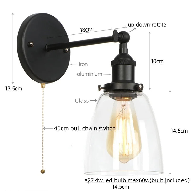 Afralia™ Vintage Single Arm LED Wall Lamp Iron Glass Retro Stair Light