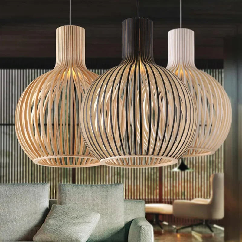 Afralia™ Black Wood Cage Chandelier Foscarini Hanging Bamboo Living Room Lamp