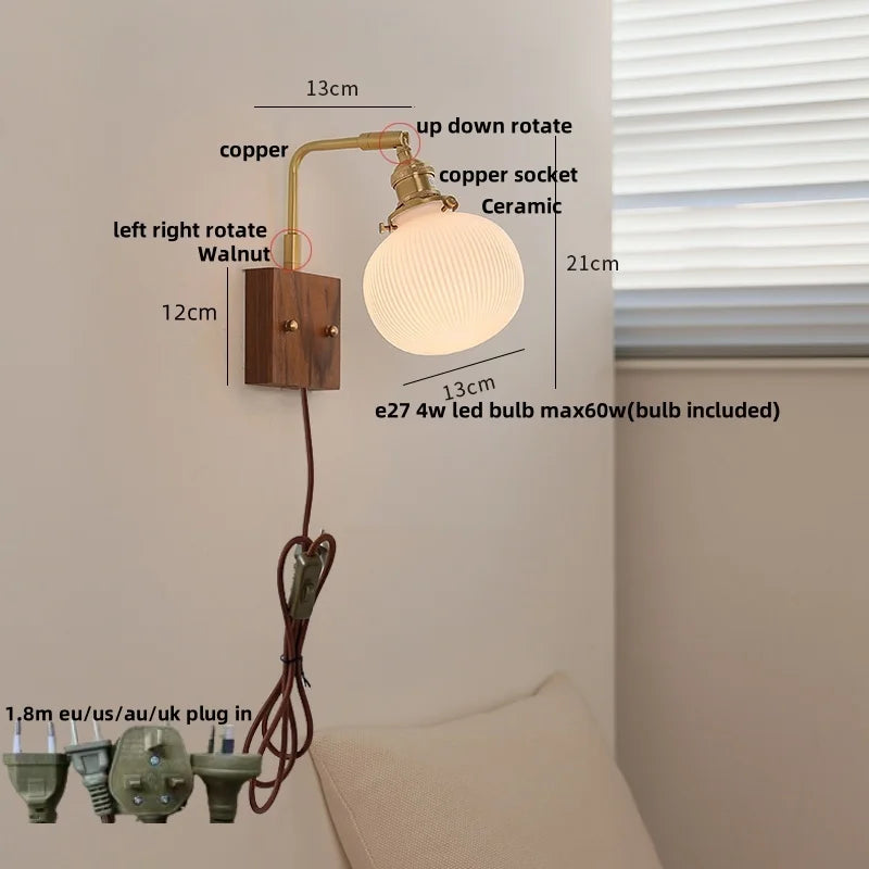 Afralia™ Globe Ceramic LED Wall Lights Walnut Wood Sconce Rotatable Bedside Lamp