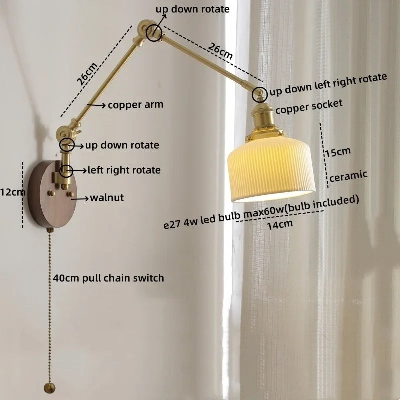 Afralia™ LED Wall Lamps Pull Chain Switch Modern Stair Light Fixtures, Ceramic Copper