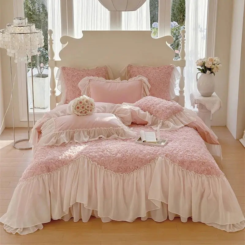 Afralia™ Pink Rose Flowers Lace Ruffles Bedding Set, Duvet Cover, Sheet, Pillowcases