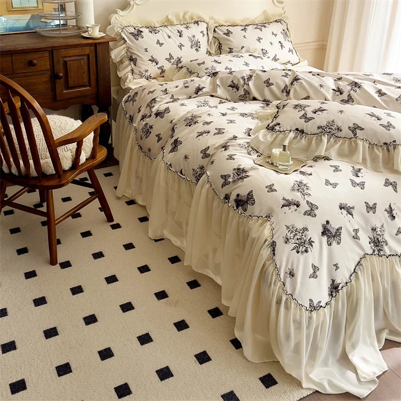 Afralia™ Beige Lace Ruffles Butterfly Flowers Print Bedding Set with Egyptian Cotton Quality