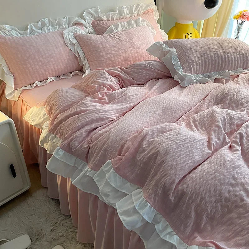 Afralia™ Lace Trim Washed Cotton Bedding Set - 4Pcs Solid Color Duvet Cover & Bed Skirt