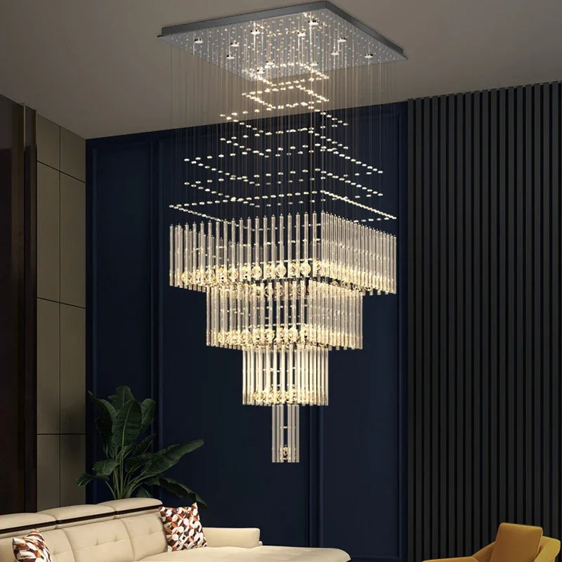 Afralia™ Crystal Ceiling Chandelier: Modern Columnar Square Base Hanging Lamp for Living Room & Staircase