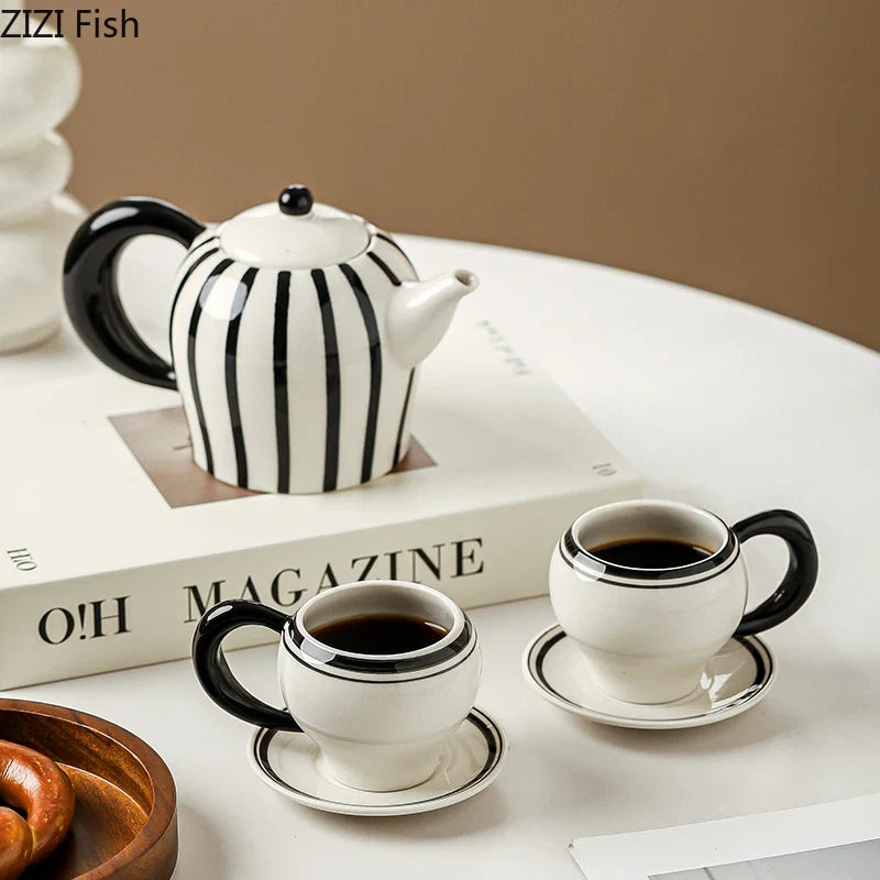 Afralia™ Striped Porcelain Tea Set: Mug, Teapot, Cup & Saucer for Dining Table & Afternoon Tea