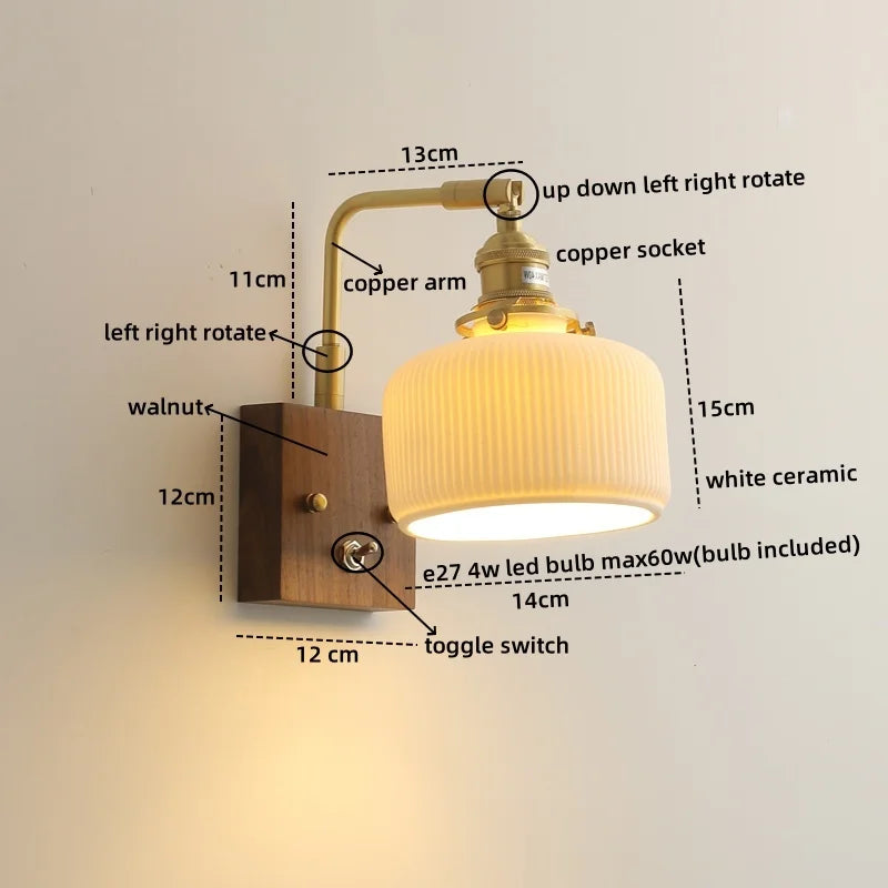 Afralia™ Walnut Ceramic LED Wall Lamp Pull Chain Switch - Modern Bathroom Mirror Light