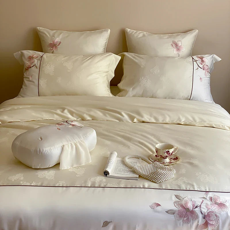 Afralia™ Chinese Floral Embroidery Lyocell Cotton Bedding Set with Silky Softness