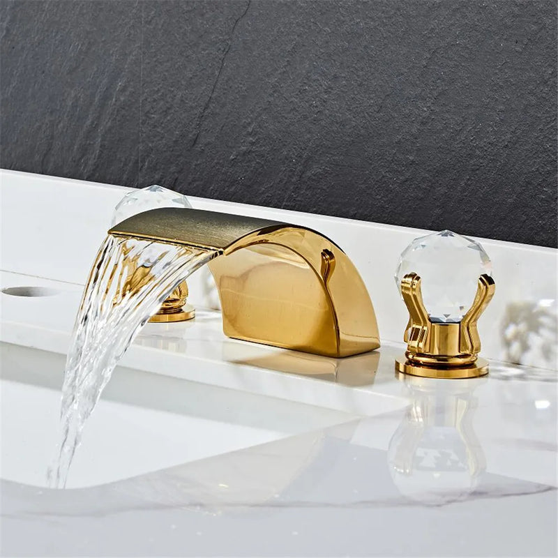 Afralia™ Black Basin Faucet: Brass Gold Crystal Sink Faucet, 3 Hole Waterfall Tap