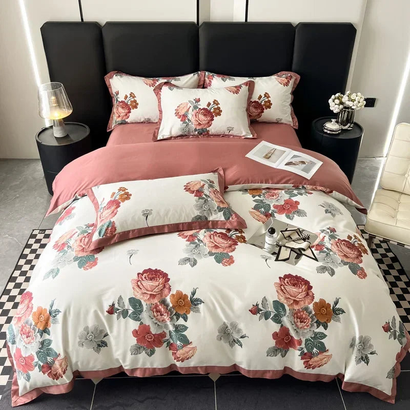 Afralia™ Pink Flowers Bedding Set in Traditional Chinese Style