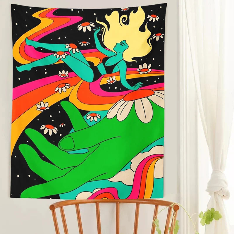 Afralia™ Retro Rainbow Woman Tapestry Wall Hanging: 80s Boho Psychedelic Wall Decor