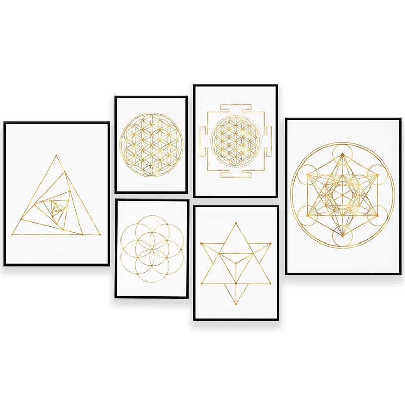 Afralia™ Sacred Geometry Poster: Golden Equilateral Triangle, Venus Tetrahedron, Metatron Cube, Seed & Flower Yantra