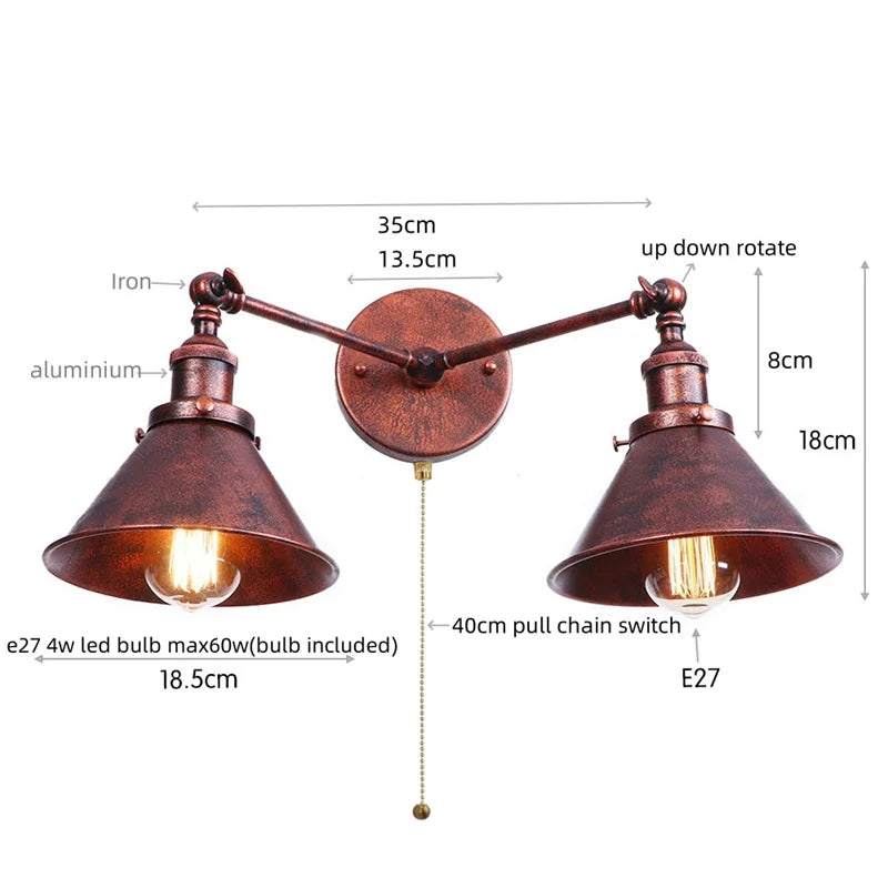 Afralia™ Loft Iron LED Wall Lamp 2 Heads Living Room Vintage Industrial Style Light