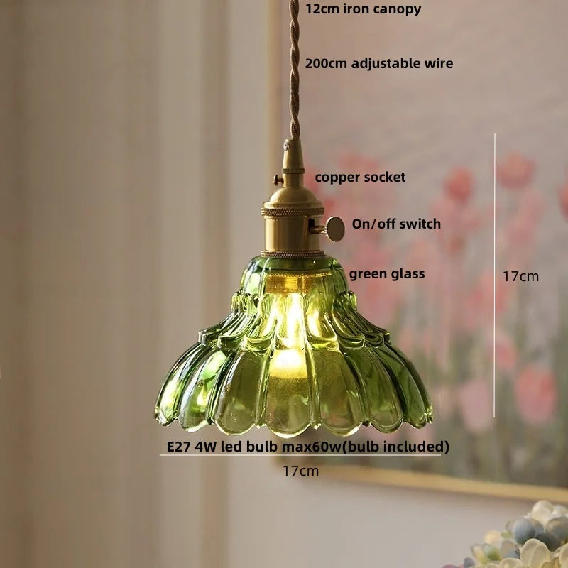 Afralia™ Flower Glass LED Pendant Lamp Walnut Wood Knob Switch Copper Socket