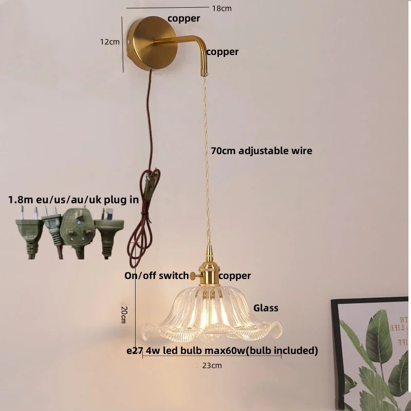 Afralia™ Copper LED Glass Wall Sconce with Pull Chain Switch for Living Dining Room