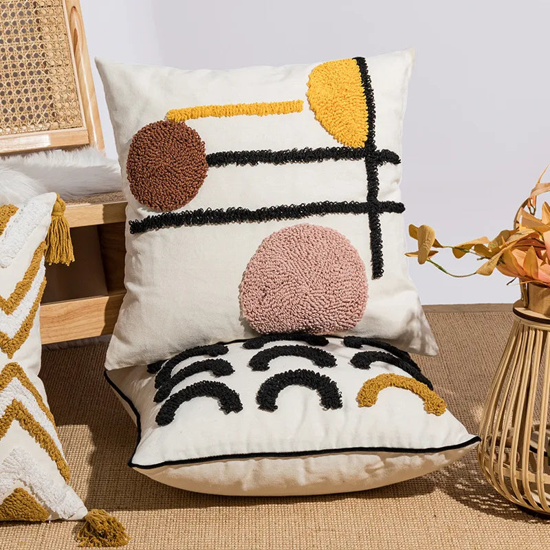 Boho Loop Tufte Cushion Cover Cotton Canvas Embroidered Pillowcase by Afralia™