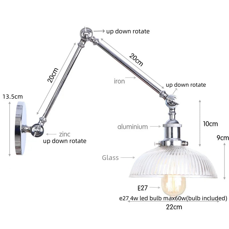 Afralia™ Vintage Loft LED Wall Lights Pull Chain Switch Glass Chrome Wall Lamp