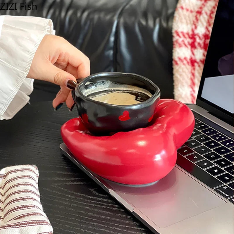 Afralia™ Creative Heart Porcelain Coffee Mug & Saucer Set