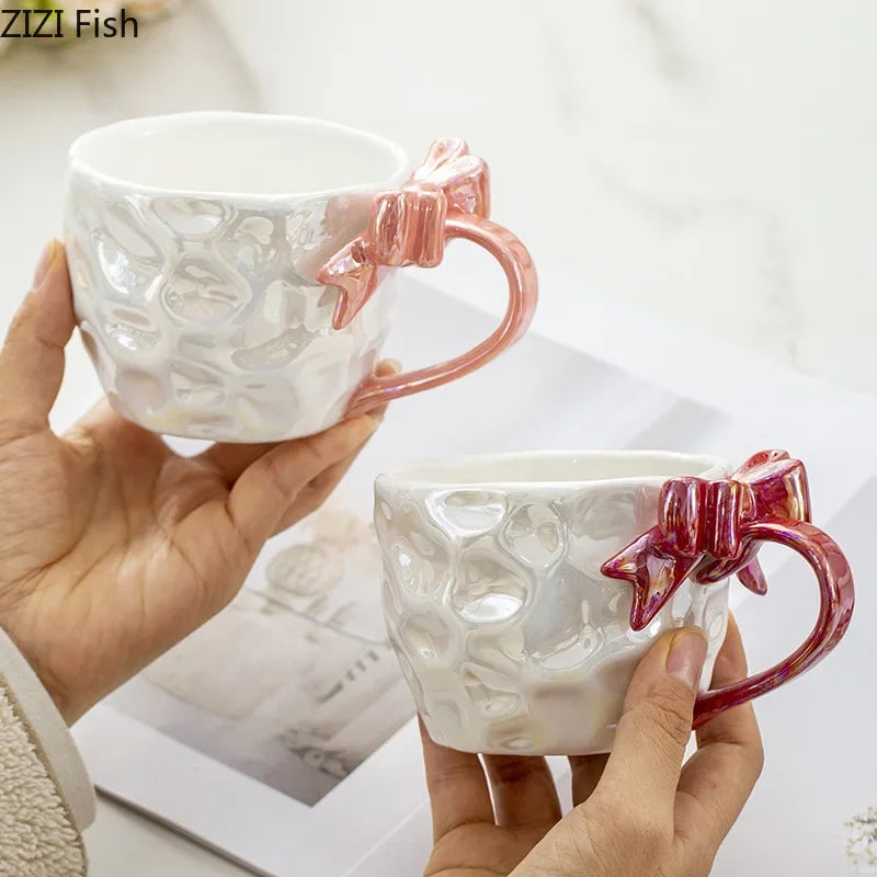 Afralia™ Bowknot Handle Porcelain Coffee Mug Set - Pearl Glazed Tea Cup Juice Cup