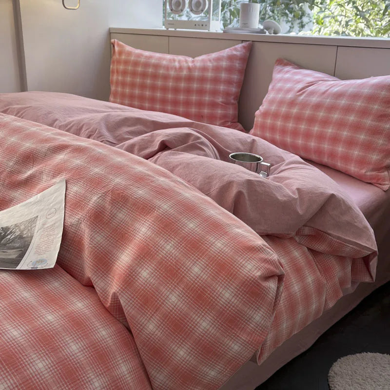 Nordic Grid Print Bedding Set in Wash Cotton Linen for Single Double Bed by Afralia™