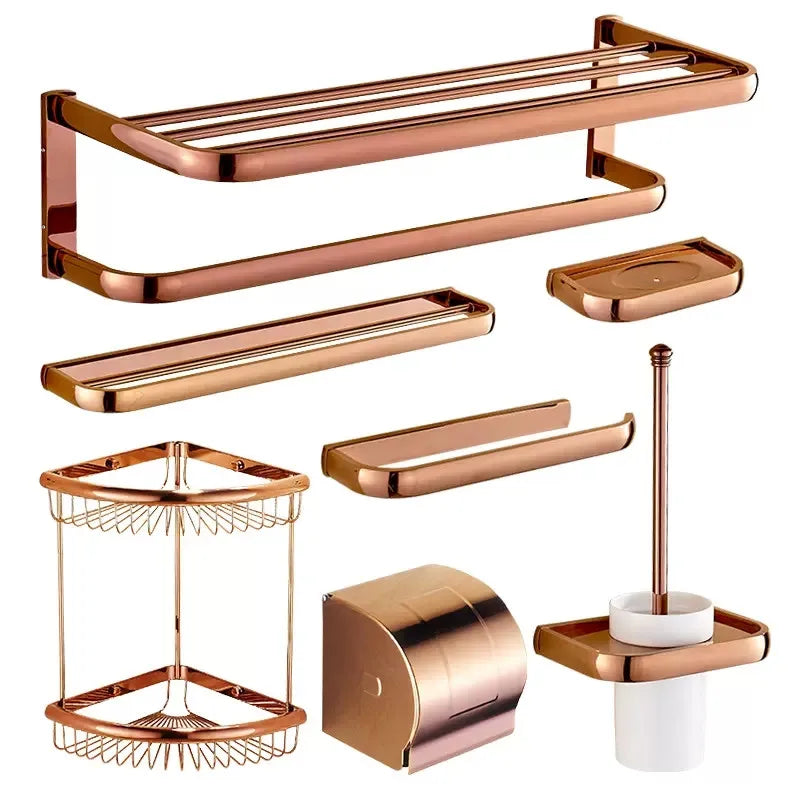 Afralia™ Rose Gold Bathroom Accessories Set: Towel Rack, Shelf, Paper Holder, Towel Holder, Toilet Brush Holder