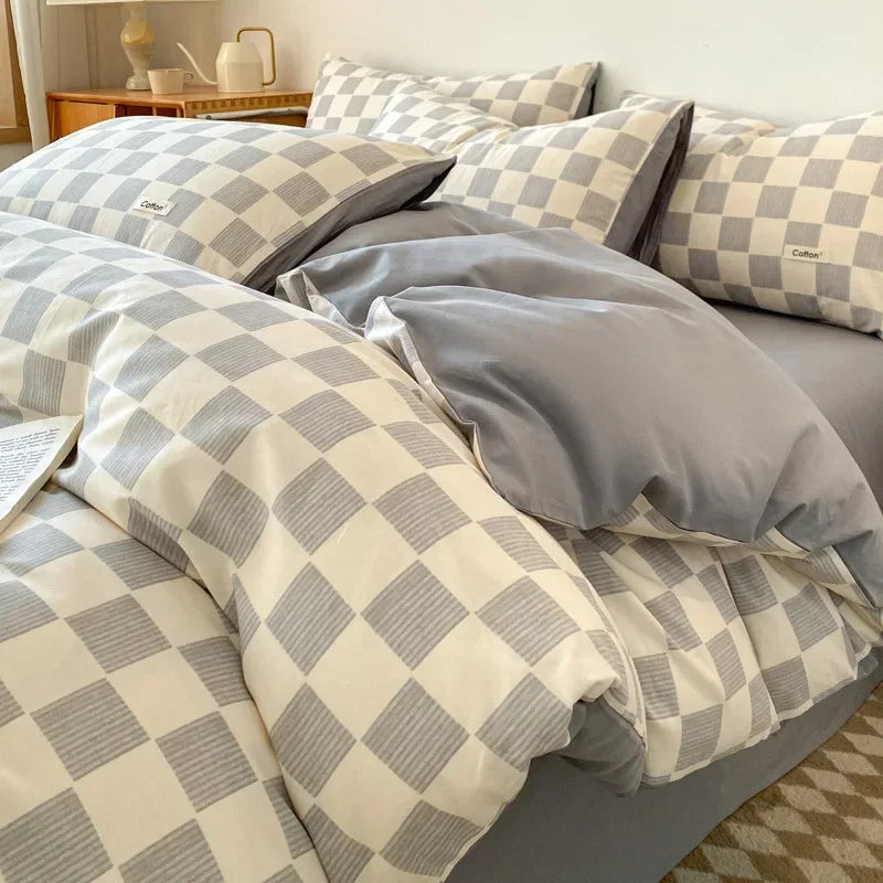 Afralia™ Grid Printed Cotton Fitted Sheet Set - Double-Sided Mix Color Quilt Cover