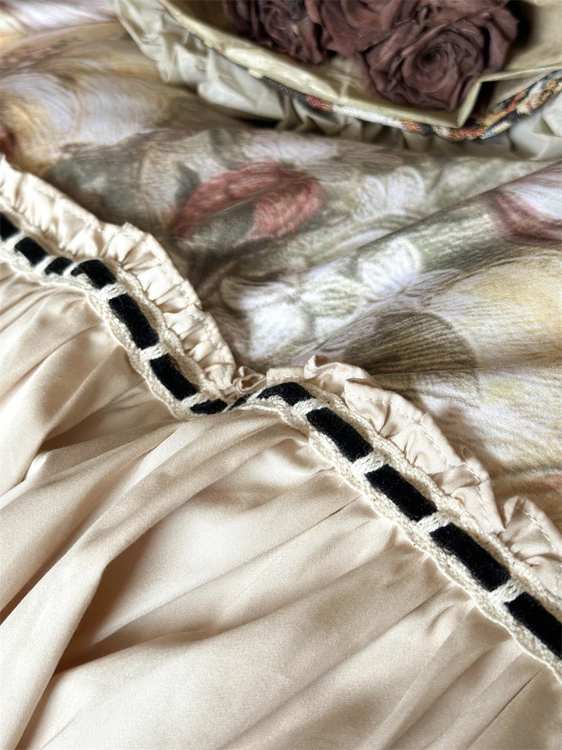 Afralia™ Vintage Floral Bedding Set with Ruffles in Egyptian Cotton, Romantic Oil Painting Style