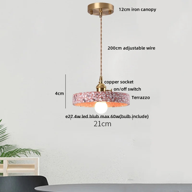 Afralia™ LED Terrazzo Pendant Lamp White Stone Wood Hanging Light