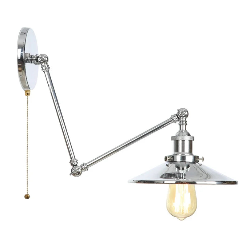 Afralia™ Industrial Lens Vintage Loft LED Wall Lamp with Swing Arms & Pull Chain Switch