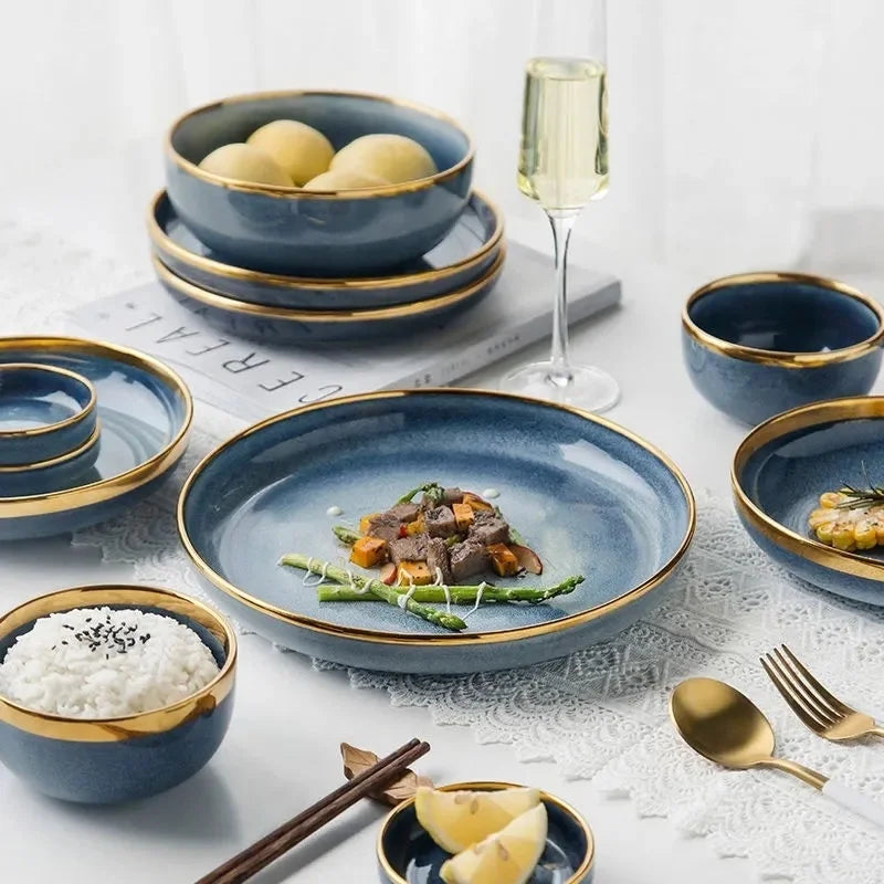 Afralia™ Blue Gradient Ceramic Plate Set - Elegant Dinner & Dessert Plates, Salad Soup Bowl - Luxury Tableware