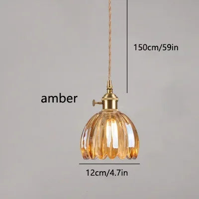 Afralia™ Retro Flower Glass Copper Pendant Lamp: Nordic LED Light for Bedroom Decor