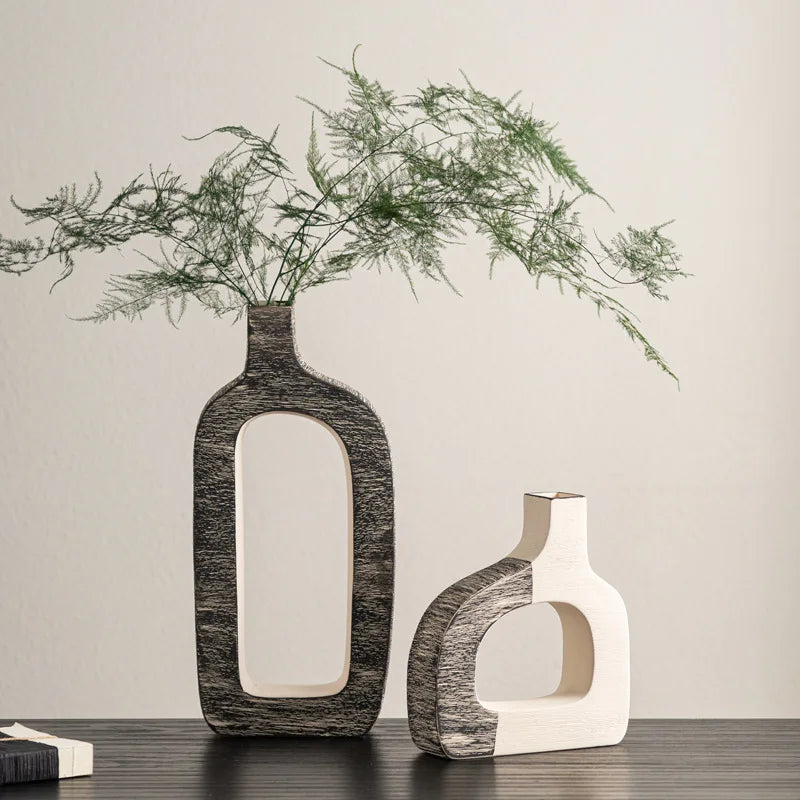 Afralia™ Geometric Stripes Ceramic Flower Vase for Home Decoration and Flower Arrangements