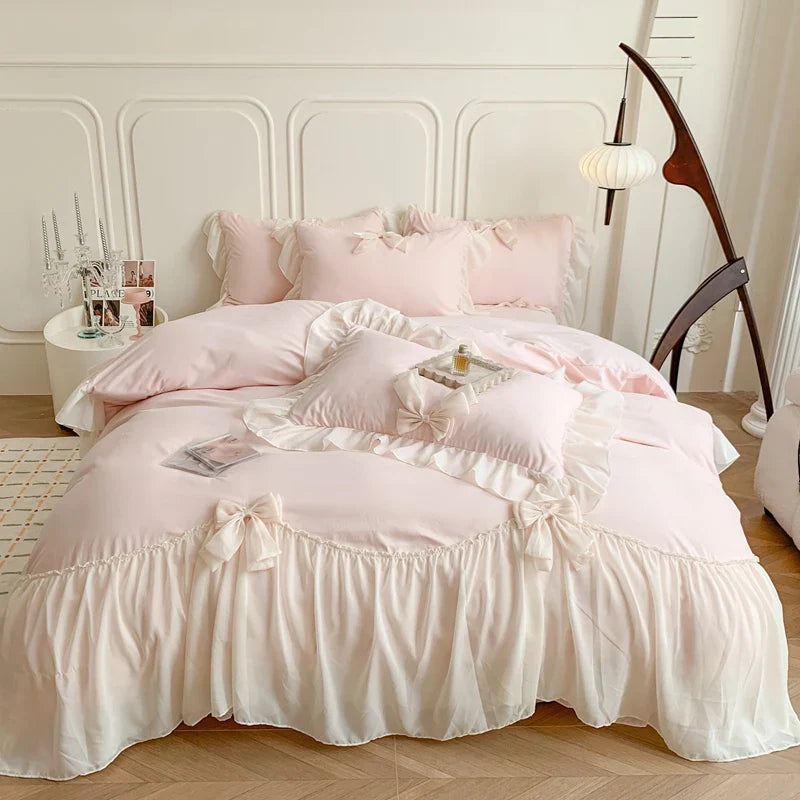 Afralia™ Pink French Princess Lace Ruffle Bow Bedding Set - Single Queen King