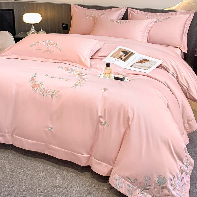 Afralia™ Luxury Flowers Embroidery Bedding Set: Duvet Cover, Sheet, Pillowcases