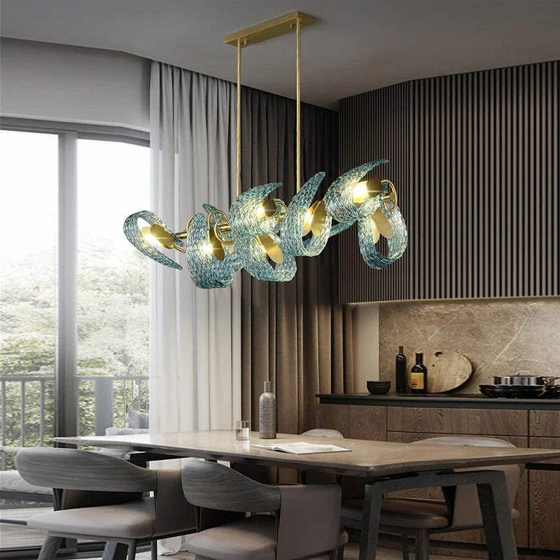 Afralia™ Blue Glass Luxury Brass Ceiling Pendant Light - Creative Flower Design