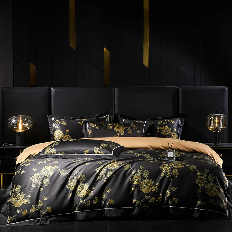 Afralia™ Gold Flowers Luxury Egyptian Cotton Bedding Set with 1000TC Soft Duvet Cover, Sheets, Pillowcases