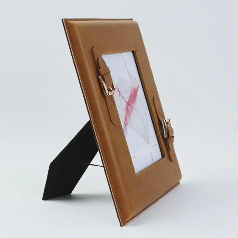 Afralia™ Brown Weave Leather Photo Frame | Minimalist Desk Decoration | Aesthetic Room Decor