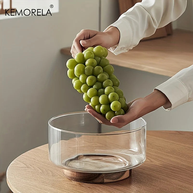 Afralia™ Creative Glass Fruit Bowl with Wood Base - Large Salad Bowl for Snacks, Popcorn, Nuts, and More