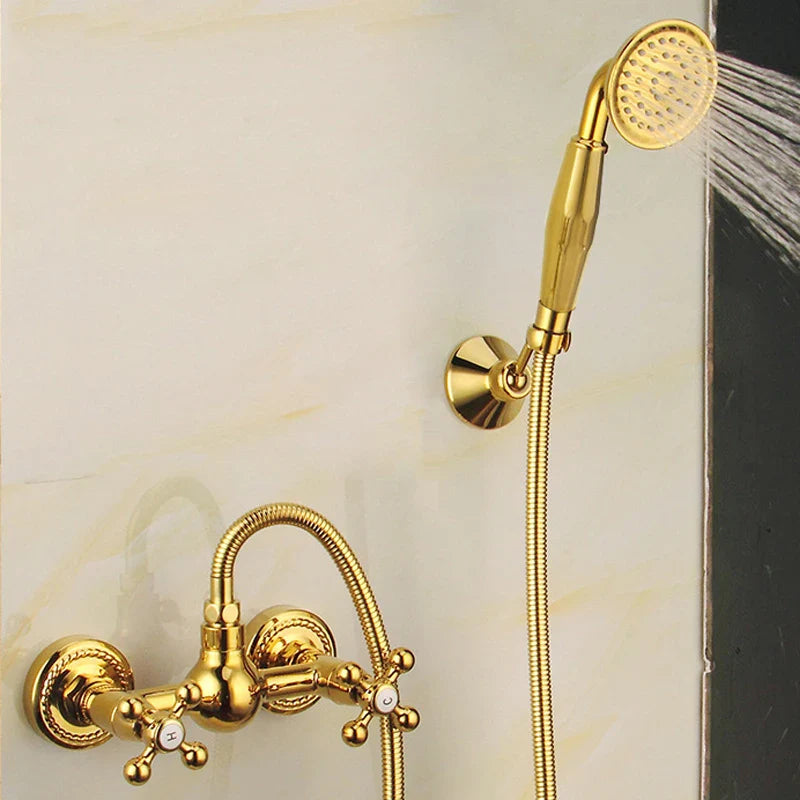 Afralia™ Classic Gold Brass Bathroom Shower Faucet Set with Wall-Mounted Dual Handle