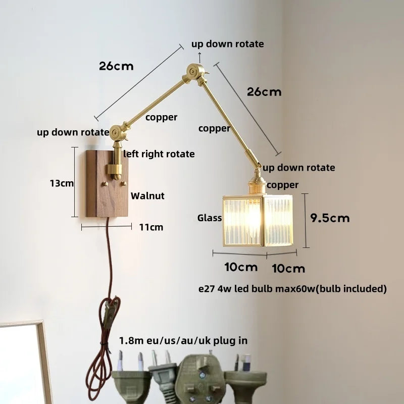 Afralia™ Cube Glass LED Wall Sconce Walnut Wood Rotatable Mirror Light
