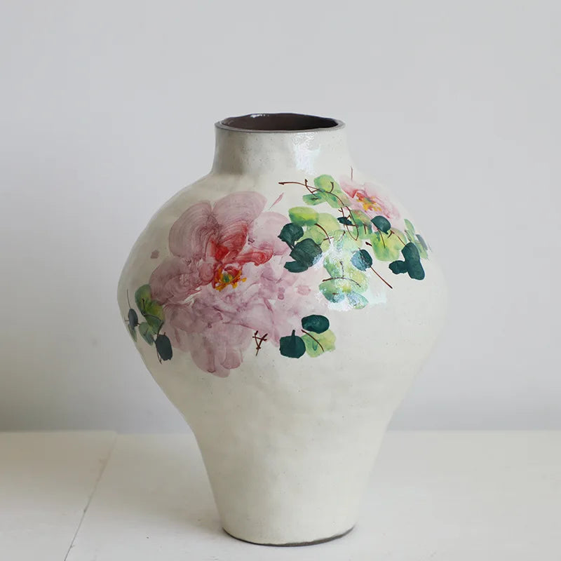 Afralia™ Handmade Chinese Watercolor Flower Vase Retro Decorative Earthenware Jars
