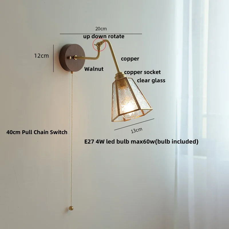 Afralia™ Copper Rotate Arm LED Wall Light: Clear Glass Walnut Bedside Lamp