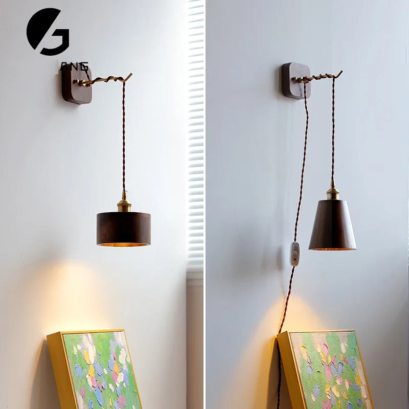 Afralia™ Walnut Wooden Copper LED Wall Light with Pull Chain for Bedroom Living Room