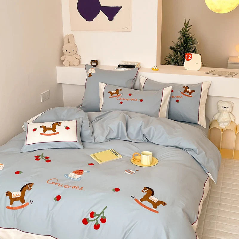 Afralia™ Lucky Trojan Cotton Embroidered Bedding Set: High-end Skin-Friendly Duvet Cover Set