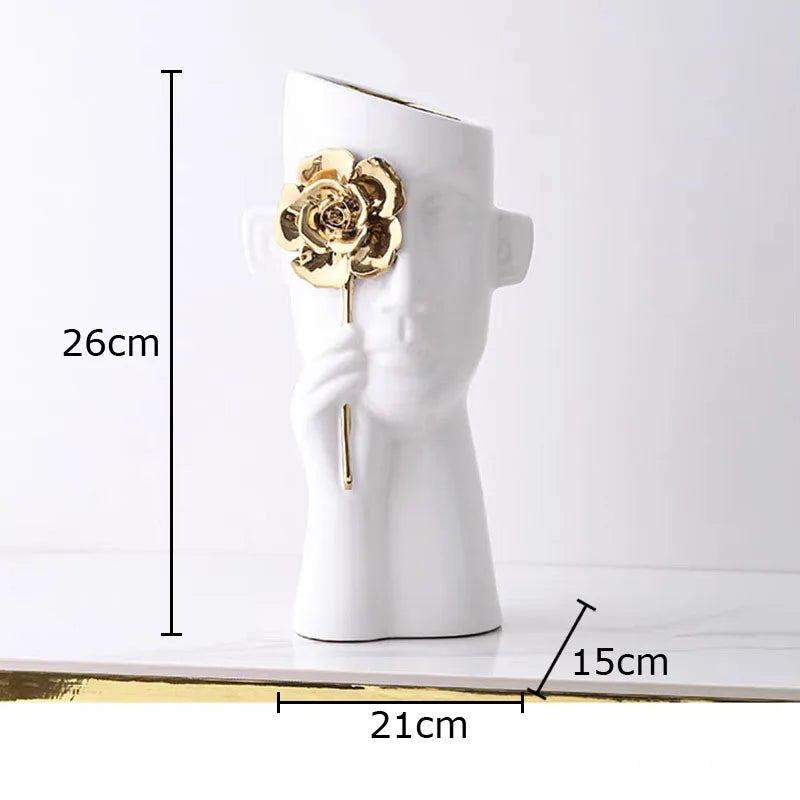 Afralia™ Gold Rose Relief Ceramic Vase, Elegant Desk Floral Vase for Room Decor