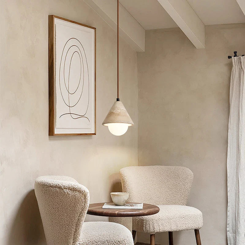 Afralia™ Wabi Sabi Yellow Travertine Conical Stone LED Pendant Lamp for Kitchen House