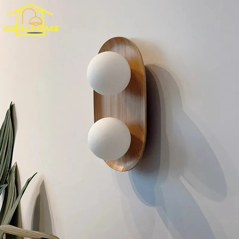 Afralia™ Round Glass LED Wall Lamp Double Head Solid Wood Minimalist Designer