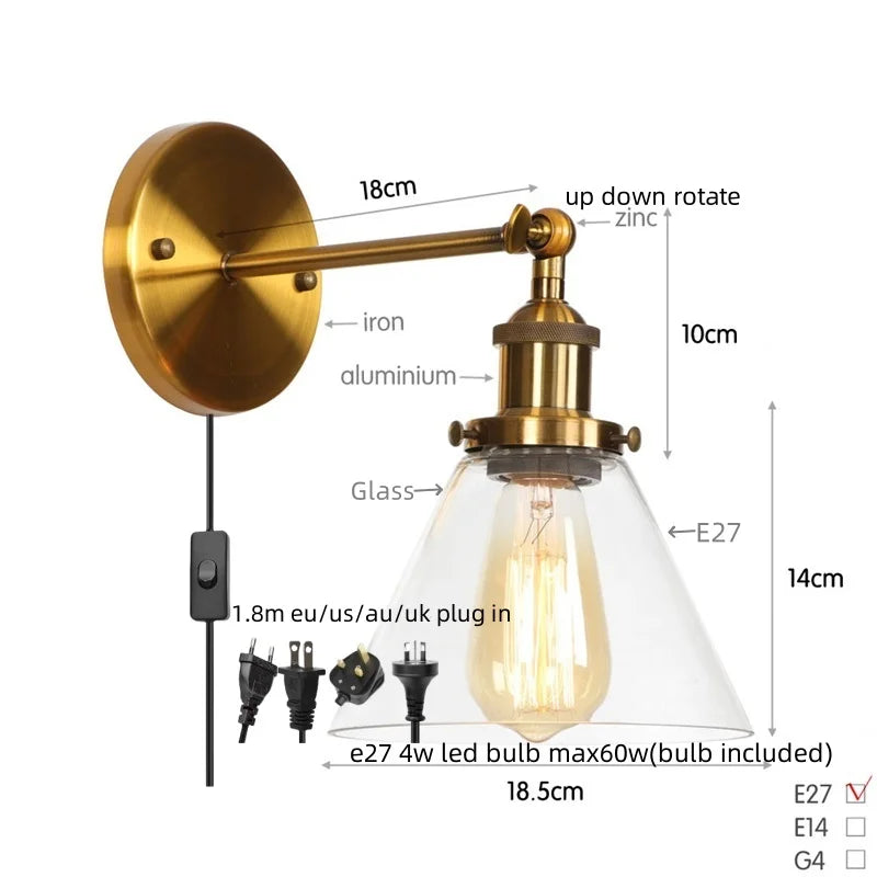 Afralia™ Clear Glass Iron LED Wall Sconce Rustic Industrial Vintage Plug In Light