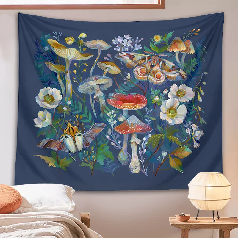 Afralia™ Mushroom Moth Garden Tapestry: Boho Psychedelic Wall Hanging for Botanical Bedroom Decor