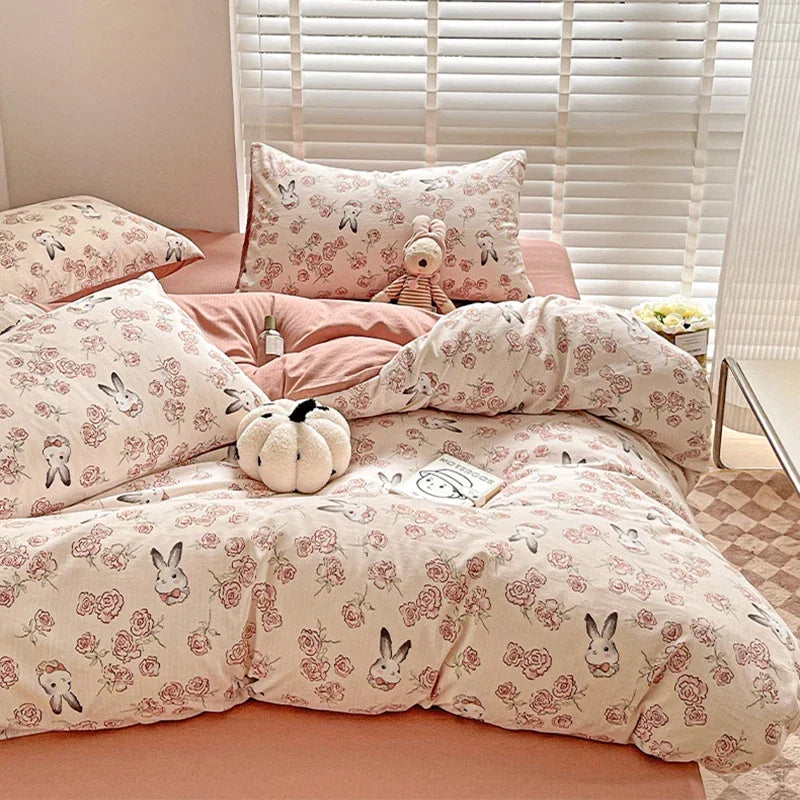 Afralia™ Cotton Flower Printed Comforter Set: Breathable Double-Layer Yarn, Soft Bedding for Girls